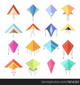 Color kite. Geometric forms rhombus, cartoon flying bright toys. Isolated kids summer game, festival equipment with ribbons utter vector set. Illustration toy wind kite, fly colorful string. Color kite. Geometric forms rhombus, cartoon flying bright toys. Isolated kids summer game, festival equipment with ribbons utter vector set