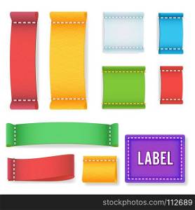 Color Label Fabric Blank Vector. Realistic Fabric Clothing Labels Set. Ready Template For Text And Design. Color Label Fabric Blank Vector. Collection Colorful Blank Labels, Badges With Copyspace For Text Isolated On white Background