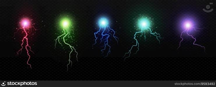 Color lightning bolts set isolated on transparent background. Vector realistic illustration of magic energy strike, electric discharge, thunderbolt flash, crack in sky, fantasy storm design elements. Color lightning bolts set