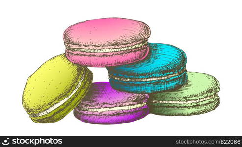 Color Macaroon Biscuit Sweet Dessert Vintage Vector. French Bakery Confectionery Delicious Cookie Macaroon Concept. Designed In Retro Style Gastronomy Product Template Illustration. Color Macaroon Biscuit Sweet Dessert Vintage Vector