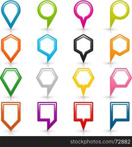 Color map pin sign location icon with shadow. 16 blank map pins sign location icon with shadow reflection on white background. Set 05 Blue green pink orange gray black yellow brown violet colors shapes. Vector illustration 8 eps