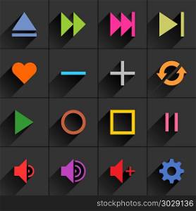 Color media control sign flat icon. 16 media control sign flat icon with gray long shadow. Blue, green, pink, orange, brown, yellow, violet, purple, red, cobalt, magenta signs on dark gray background. Vector illustration element 8 eps
