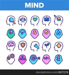 Color Mind Elements Vector Sign Icons Set. Padlock And Fire, Plant Leaves And Shield, Puzzle And Battery, Heart And Mind In Man Head Silhouette Linear Pictograms. Illustrations. Color Mind Elements Vector Sign Icons Set