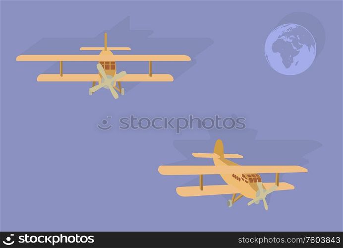 Color model of an old plane in the sky with the image of the earth. Different angles. Vector illustration. EPS10. Color model of an old plane in the sky with the image of the earth. Different angles. Vector illustration