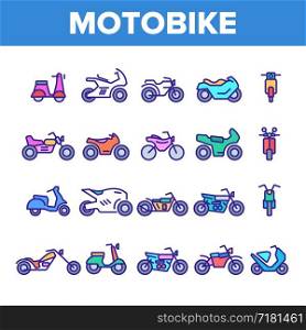 Color Motorbike Thin Line Icons Set Vector. Scooter And Motor Bicycle, Speed Bike And Chopper Motorcycle Motorbike Types Linear Pictograms. Academic Details Illustrations. Color Motorbike Thin Line Icons Set Vector