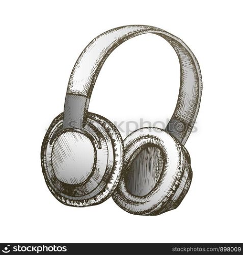 Color Music Lover Device Wireless Headphones Vector. Portable Technology Gadget Headphones For Listening Melody. Relaxation Earphone Listener Accessory Hand Drawn In Vintage Style Illustration. Color Music Lover Device Wireless Headphones Vector
