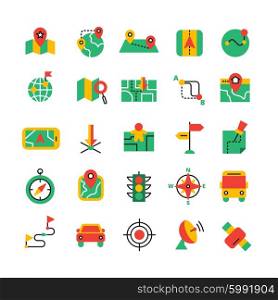 Color Navigation Icons Set. Flat color GPS and navigation icons set with satellite equipment vehicles and road route isolated vector illustration