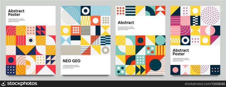 Color neo geo poster. Modern grid flyer with geometric shapes, geometry graphics and abstract background vector set. Geometry grid pattern banner vivid presentation illustration. Color neo geo poster. Modern grid flyer with geometric shapes, geometry graphics and abstract background vector set