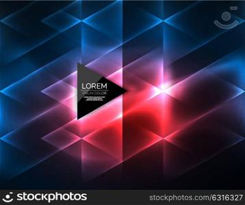 Color neon glowing triangles, abstract background. Color neon glowing triangles, abstract background. Vector techno glowing space with triangles and your message. Hi-tech wallpaper