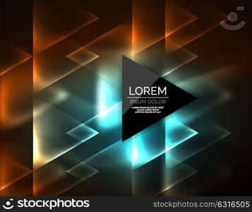 Color neon glowing triangles, abstract background. Color neon glowing triangles, abstract background. Vector techno glowing space with triangles and your message. Hi-tech wallpaper