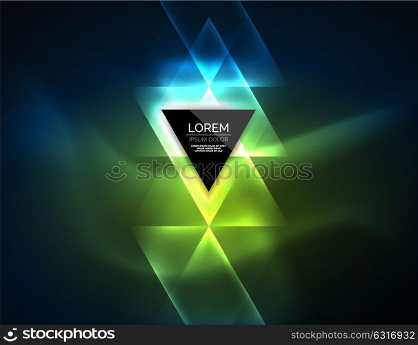 Color neon glowing triangles, abstract background. Color neon glowing triangles, abstract background. Vector techno glowing space with triangles and your message. Hi-tech wallpaper