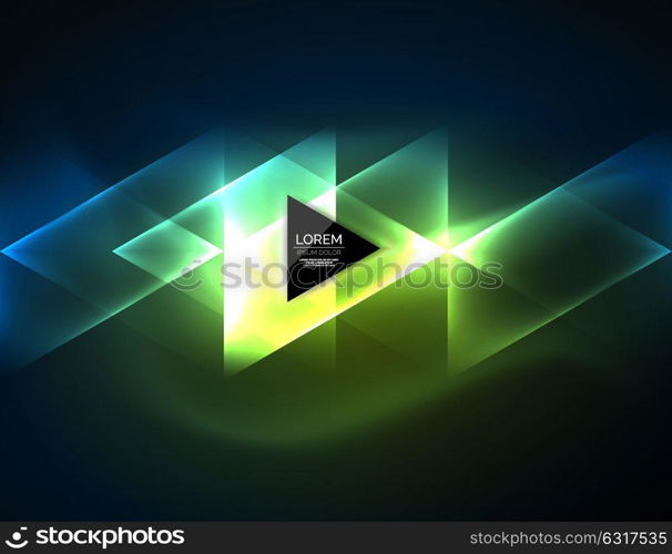 Color neon glowing triangles, abstract background. Color neon glowing triangles, abstract background. Vector techno glowing space with triangles and your message. Hi-tech wallpaper