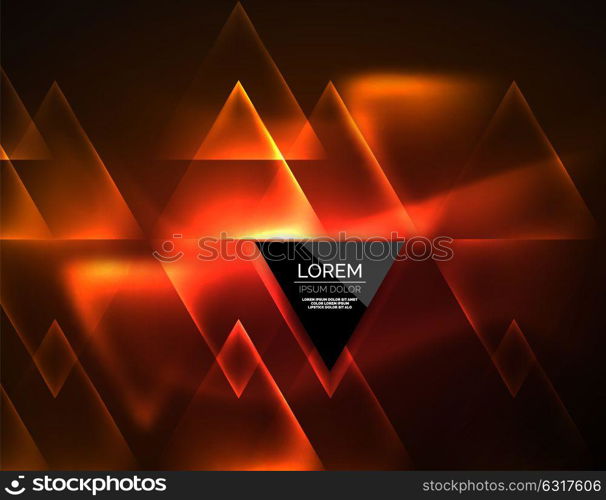 Color neon glowing triangles, abstract background. Color neon glowing triangles, abstract background. Vector techno glowing space with triangles and your message. Hi-tech wallpaper