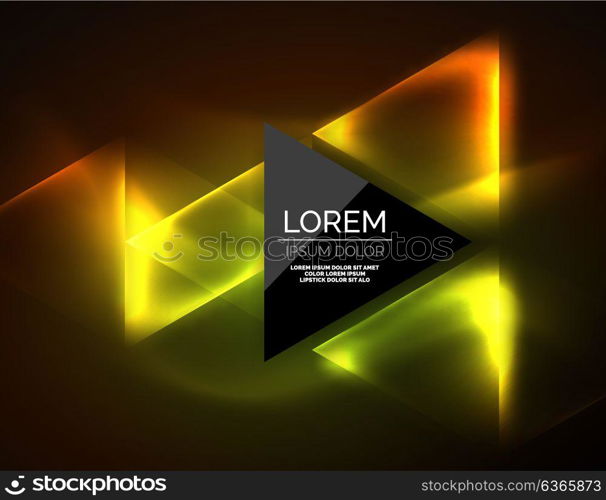 Color neon glowing triangles, abstract background. Color neon glowing triangles, abstract background. Vector techno glowing space with triangles and your message. Hi-tech wallpaper