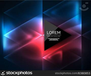 Color neon glowing triangles, abstract background. Color neon glowing triangles, abstract background. Vector techno glowing space with triangles and your message. Hi-tech wallpaper