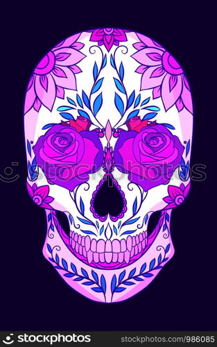 Color neon illustration of a sugar skull with roses. The holiday of the Day of the Dead. Vector element for your creativity. Color neon illustration of a sugar skull with roses. The holiday of the Day of the Dead.