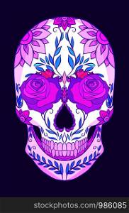 Color neon illustration of a sugar skull with roses. The holiday of the Day of the Dead. Vector element for your creativity. Color neon illustration of a sugar skull with roses. The holiday of the Day of the Dead.