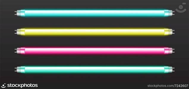 Color neon tube lights isolated on dark background. Vector realistic set of fluorescent bar lamps, glowing blue, pink, yellow and green line border. Halogen lighting bulbs for night club. Vector set of color neon tube lights