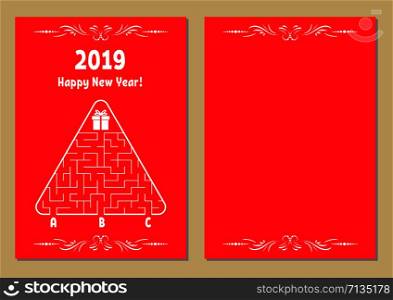 Color New Year greeting card with a triangular maze. Find the right path to the gift. Game for kids. Puzzle for children. Maze conundrum. Vector illustration. Vintage style. Color New Year greeting card with a triangular maze. Find the right path to the gift. Game for kids. Puzzle for children. Maze conundrum. Vector illustration. Vintage style.