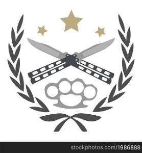 Color, no outline, logo isolated on white with 2 crossed knifes, brass knuckle and stars in laurel wreath frame. Crossed knifes and brass knuckle emblem