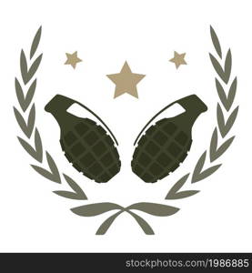 Color, no outline, logo isolated on white with 2 grenades and stars in laurel wreath frame. 2 granades emblem. No outline