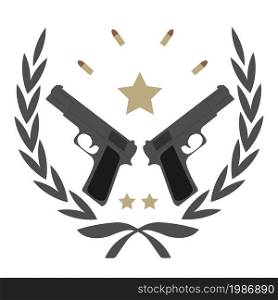 Color, no outline, logo isolated on white with 2 pistols, bullets and stars in laurel wreath frame. Vintage pistol emblem