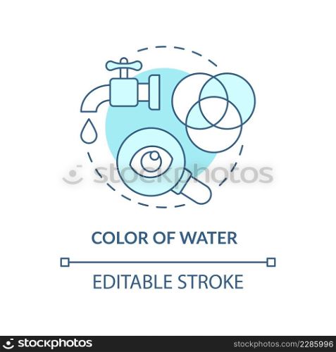 Color of water turquoise concept icon. Water quality testing abstract idea thin line illustration. Visual assessment. Isolated outline drawing. Editable stroke. Arial, Myriad Pro-Bold fonts used. Color of water turquoise concept icon