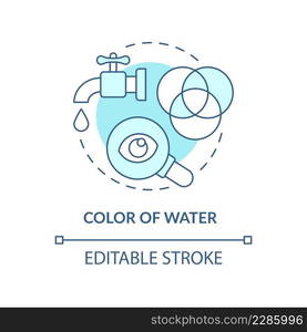 Color of water turquoise concept icon. Water quality testing abstract idea thin line illustration. Visual assessment. Isolated outline drawing. Editable stroke. Arial, Myriad Pro-Bold fonts used. Color of water turquoise concept icon