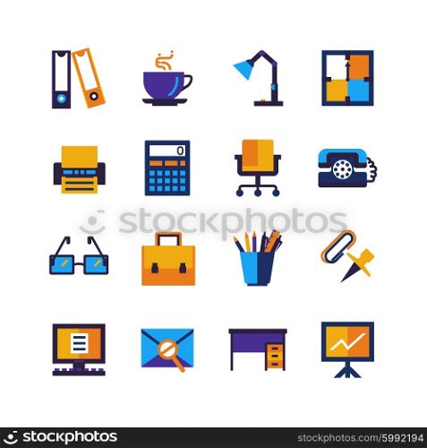 Color Office Isolated Icons Set. Color office icons set in retro style with desk calculator briefcase bulb and stationery isolated vector illustration