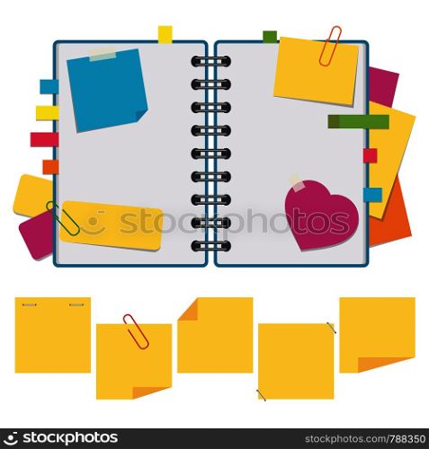 Color open notebook on rings with clean sheets. A set of sticky square stickers and notes. Simple flat vector illustration isolated on white background.