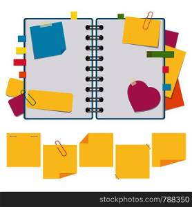 Color open notebook on rings with clean sheets. A set of sticky square stickers and notes. Simple flat vector illustration isolated on white background.