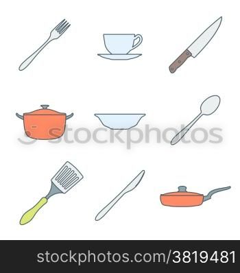 color outline dinnerware icons set. vector various colored outline dinnerware icons set
