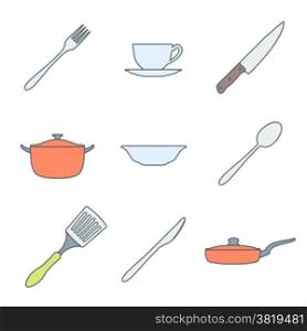color outline dinnerware icons set. vector various colored outline dinnerware icons set