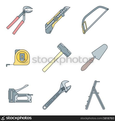 color outline house remodel tools icons. vector various colored outline house repair instruments equipment icons