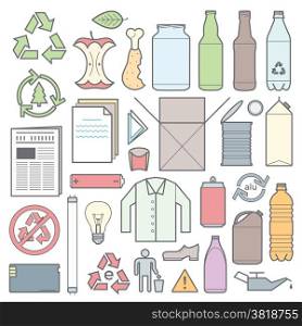 color outline separated waste outlines icons and signs. vector colored outlines icons and signs for separate collection of waste