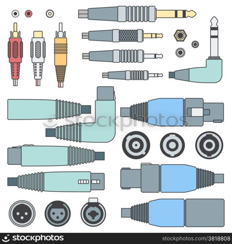 color outline various audio connectors and inputs set. vector color outline various audio connectors and inputs set