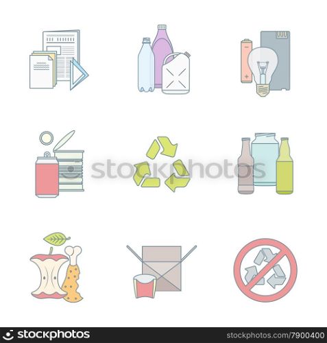 color outline various waste recycle separate collection. vector color outline infographic various waste groups icons set for separate collection and recycle garbage