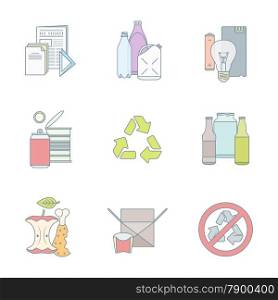 color outline various waste recycle separate collection. vector color outline infographic various waste groups icons set for separate collection and recycle garbage