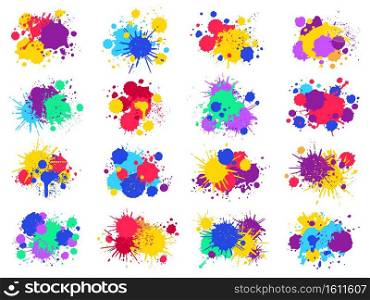 Color paint splashes. Abstract bright ink blots and splashes, painted liquid drops and splatters. Colorful ink drop traces vector illustration set. Watercolor paint spots collection. Color paint splashes. Abstract bright ink blots and splashes, painted liquid drops and splatters. Colorful ink drop traces vector illustration set