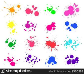 Color paint splatter. Bright ink stains and spray blots isolated on white. Spot or drop elements. Watercolor paint splashes collection, liquid colorful stains set vector illustration. Color paint splatter. Bright ink stains and spray blots isolated on white. Watercolor spaint, spot or drop elements