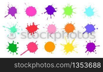 Color paint splatter. Colorful ink stains, abstract paints splashes and wet splats. Watercolor or slime stain vector set. Colorfull stain and splash, splat messy, inkblot splashing illustration. Color paint splatter. Colorful ink stains, abstract paints splashes and wet splats. Watercolor or slime stain vector set