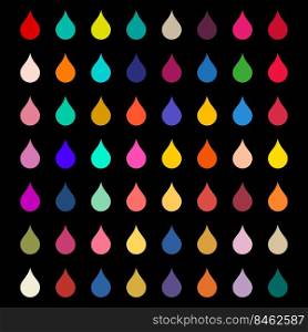 Color palette of 64 different colors. Color ex&les in the form of paint droplets. Flat vector illustration isolated on black background.. Color palette of 64 different colors. Flat vector illustration isolated on black