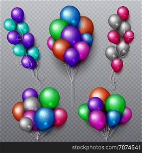 Color party flying balloons bunches isolated vector set. Birthday color balloon for surprise and carnival illustration. Color party flying balloons bunches isolated vector set