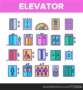 Color Passenger Elevator, Lift Vector Linear Icons Set. Condominium Indoor Elevator Door Outline Symbols Pack. Apartment Building Lift With Up And Down Buttons Isolated Contour Illustrations. Color Passenger Elevator, Lift Vector Linear Icons Set