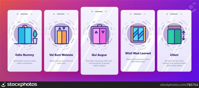 Color Passenger Elevator, Lift Vector Onboarding Mobile App Page Screen. Condominium Indoor Elevator Door Outline Symbols Pack. Apartment Building Lift With Up And Down Buttons Illustrations. Color Passenger Elevator, Lift Vector Onboarding