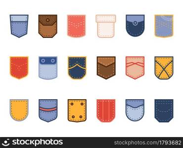 Color patch pocket. Cloth bright different shapes pockets, casual wear elements, fabric, jeans and textile design objects, various stitching. Red blue and yellow fashion sewing template. Vector set. Color patch pocket. Cloth bright different shapes pockets, casual wear, fabric, jeans and textile design objects, various stitching. Red blue and yellow fashion sewing template. Vector set