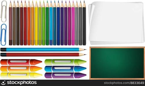 Color pencils and crayons set with papers vector image
