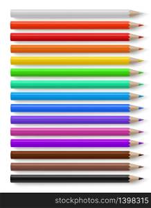 Color pencils. Different bright colored wooden pencil, creative stationery for drawings artwork color crayons, vector palette set. Color pencils. Different bright colored wooden pencil, creative stationery for drawings artwork color crayons, vector set