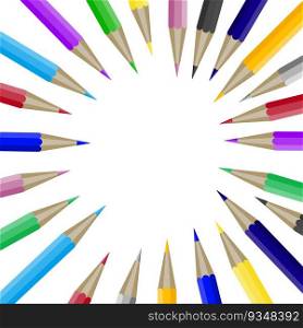 Color pencils in round shape with copyspace for text. Banner template with crayon in round shape. Copyspace for design graphic and text, education school brochure with accessories. Vector illustration. Color pencils in round shape with copyspace for text