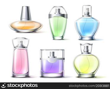 Color perfume in glass bottles. Realistic fragrance packaging design, different shape vials with spray and shaped lids, isolated colognes luxury containers, vector isolated on white background set. Color perfume in glass bottles. Realistic fragrance packaging design, different shape vials with spray and shaped lids, isolated colognes luxury containers, vector isolated set